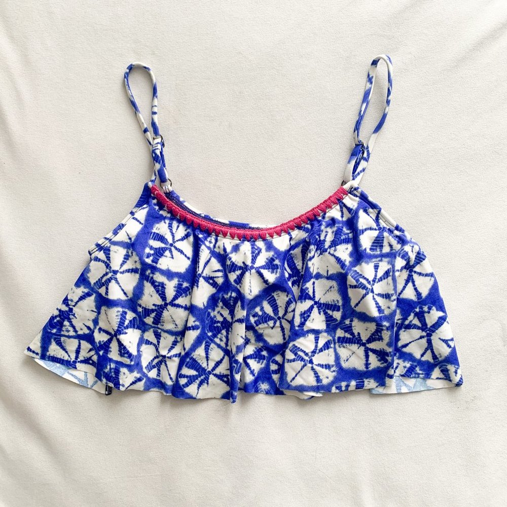 Blue Shibori Tie  Dye Print Ruffled Bikini Top
